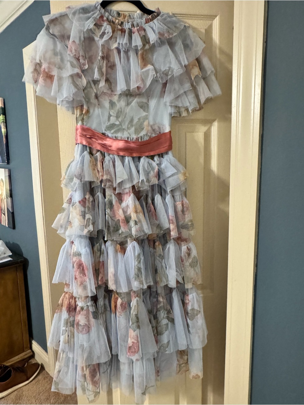 Needle & Thread light blue floral tiered ruffle gown with rose sash